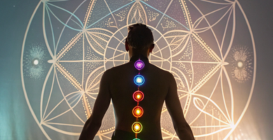 Ilustración de un cuerpo humano con chakras iluminados y símbolos planetarios, sobre un fondo de mandala astrológico con líneas energéticas conectando casas y planetas.