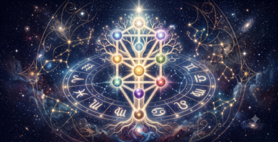 Ilustración del Árbol de la Vida cabalístico fusionado con los doce signos del zodiaco en un cielo estrellado.