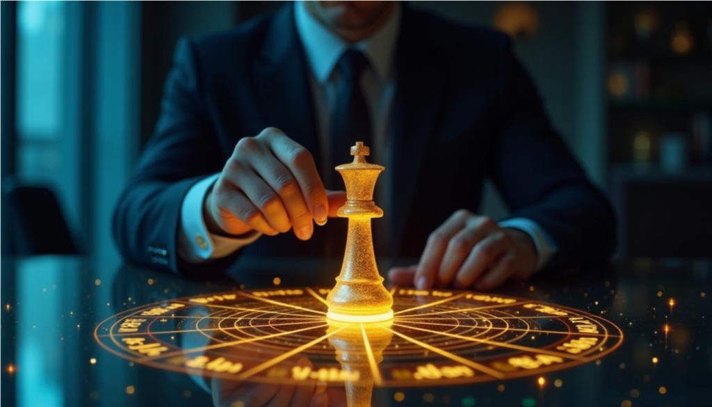 Empresario colocando una pieza de rey de ajedrez sobre un mapa astral holográfico, representando el poder de los testimonios en la astrología horaria.