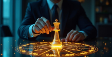 Empresario colocando una pieza de rey de ajedrez sobre un mapa astral holográfico, representando el poder de los testimonios en la astrología horaria.