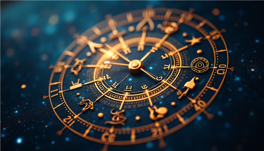 Ilustración de un reloj fusionado con una carta natal dorada sobre un fondo cósmico, representando el cálculo y la evolución en las progresiones secundarias en astrología.