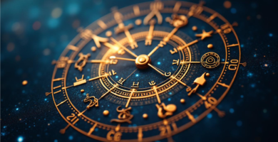 Ilustración de un reloj fusionado con una carta natal dorada sobre un fondo cósmico, representando el cálculo y la evolución en las progresiones secundarias en astrología.