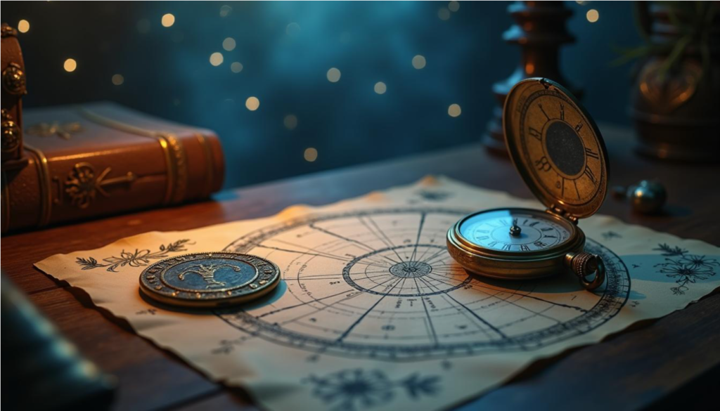 Representación mística de una carta astral y un reloj antiguo, simbolizando el cálculo del momento exacto para responder preguntas en la astrología horaria.