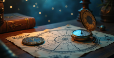 Representación mística de una carta astral y un reloj antiguo, simbolizando el cálculo del momento exacto para responder preguntas en la astrología horaria.